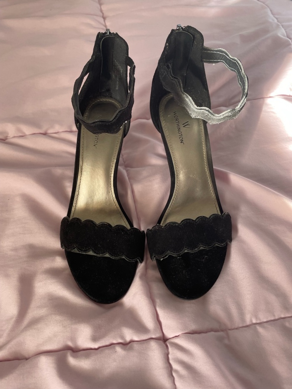 Worthington Black Scallop-Trim Open-Toe Ankle-Strap Heels